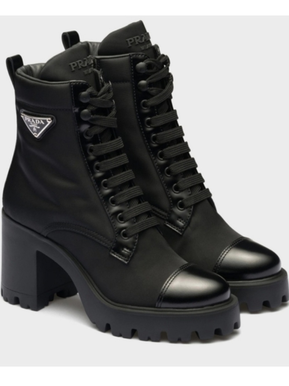 Prada Black Leather & Nylon Lug-Heel Combat Boots